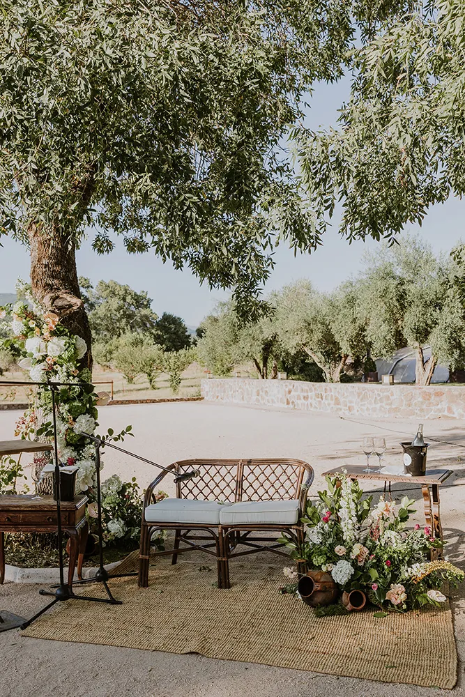 Wedding ceremony set up under the trees, olive trees and the Sierra de Gredos mountain range in the background. Lanzahíta, Ávila, Spain