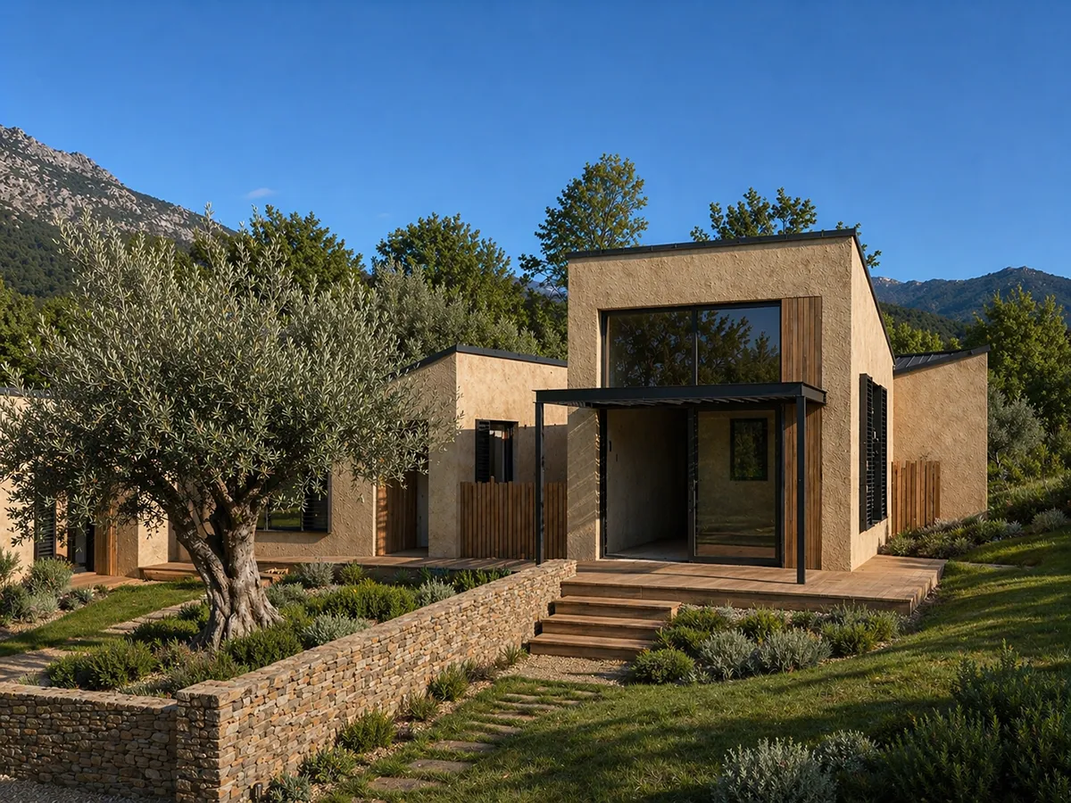 Boutique hotel render / olive grove on the Huellas del Tiétar estate. Lanzahíta, Valle del Tiétar