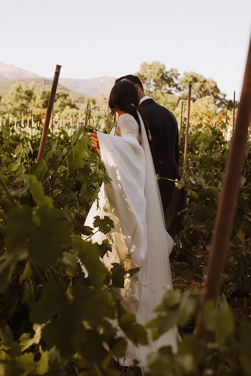Pareja paseando entre viñedos al atardecer. Huellas del Tiétar, Lanzahíta, Valle del Tiétar. Foto: Velvet Hush