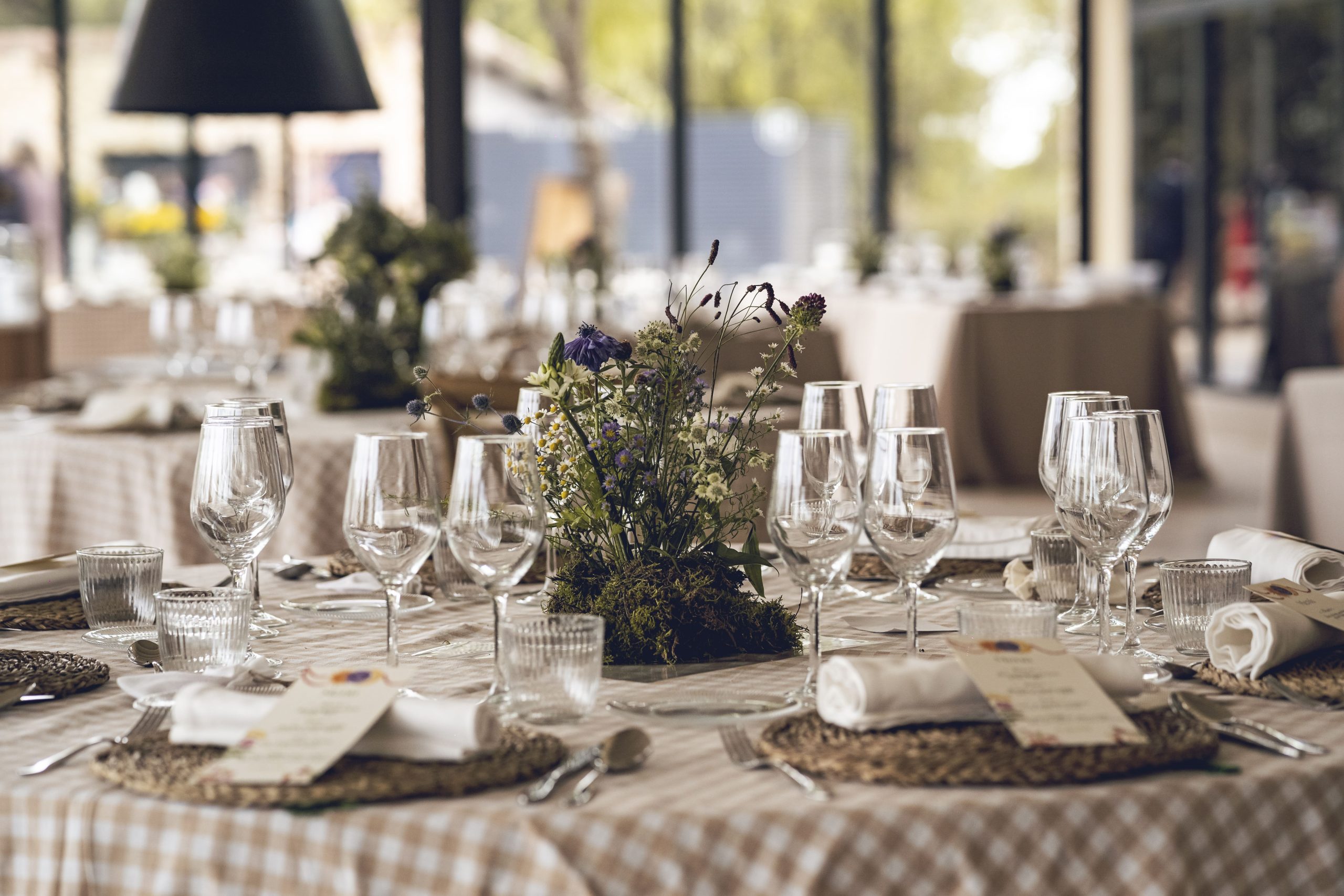 Mesa banquete boda mantel vichy Finca Huellas del Tiétar