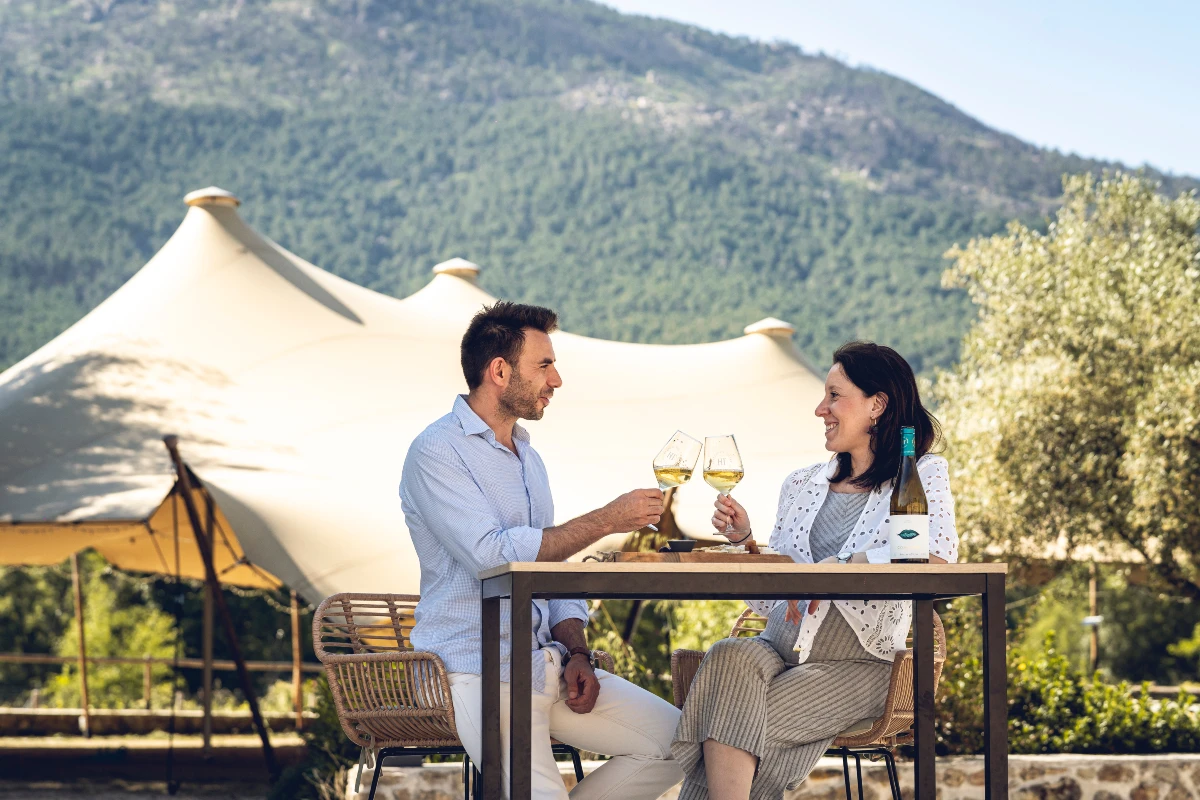 Degustación de Vinos con la Sierra de Gredos de fondo.
